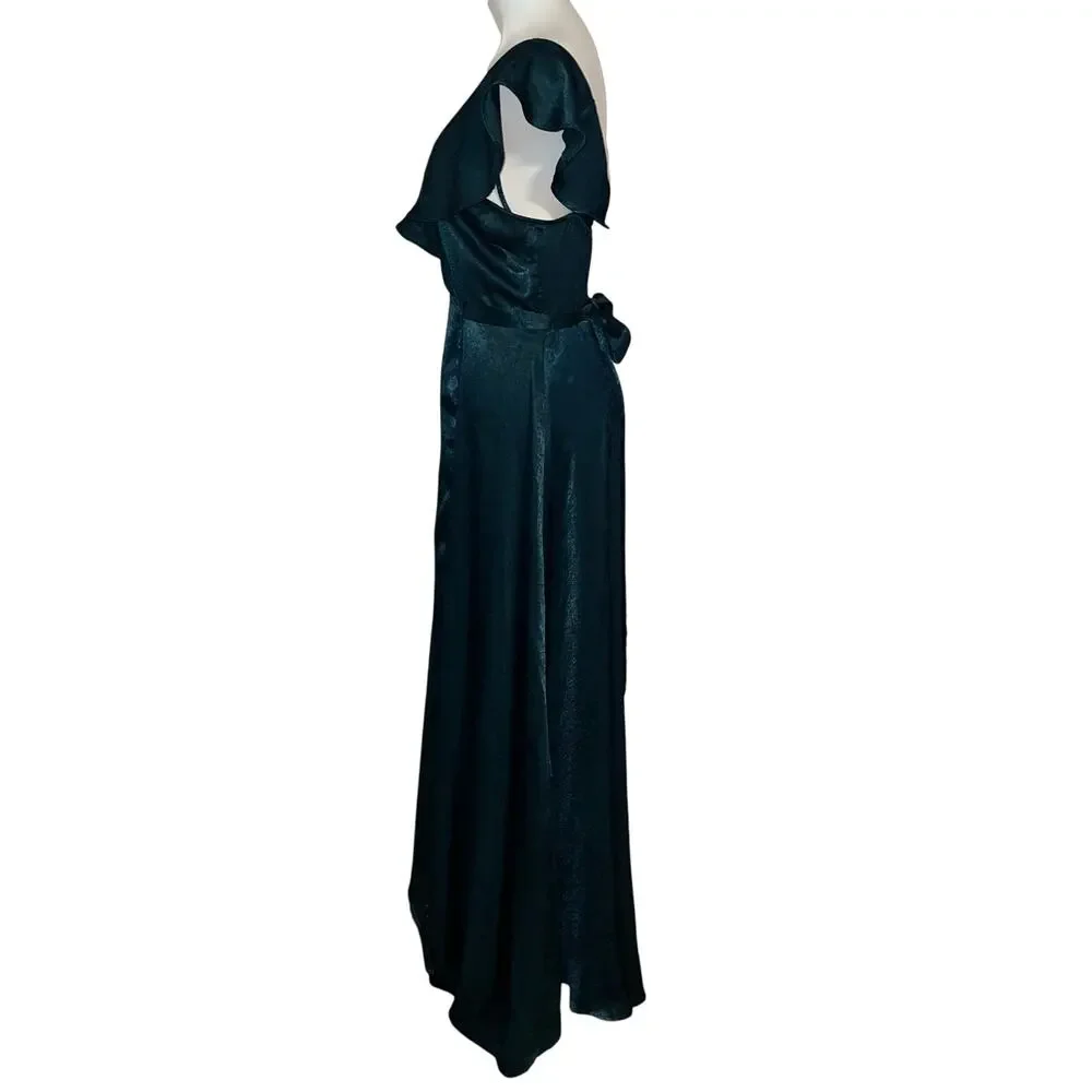 Lulus women’s New off the shoulder mariah satin emerald green wrap maxi dress - Picture 3 of 14